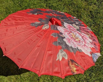 Peony rose flower printed on red parasol umbrella 1950s 1960s rockabilly pin-up hot rod wedding photoshoot