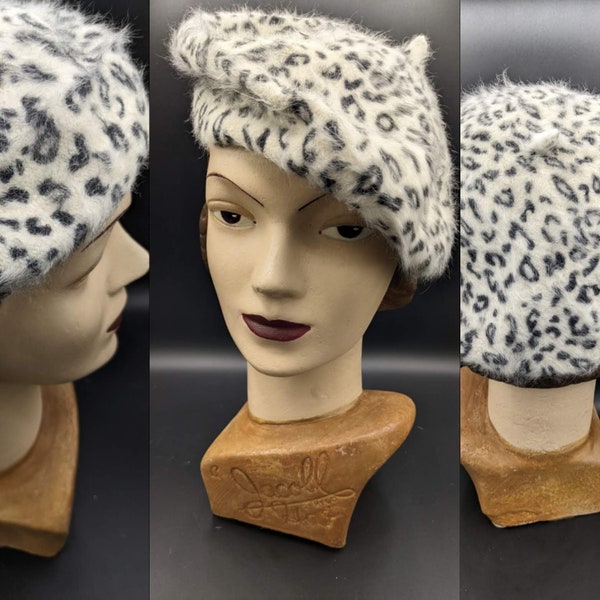 White black leopard animal print wool beret classic Parisian French beret 1930s 1940s 1950s 1960s