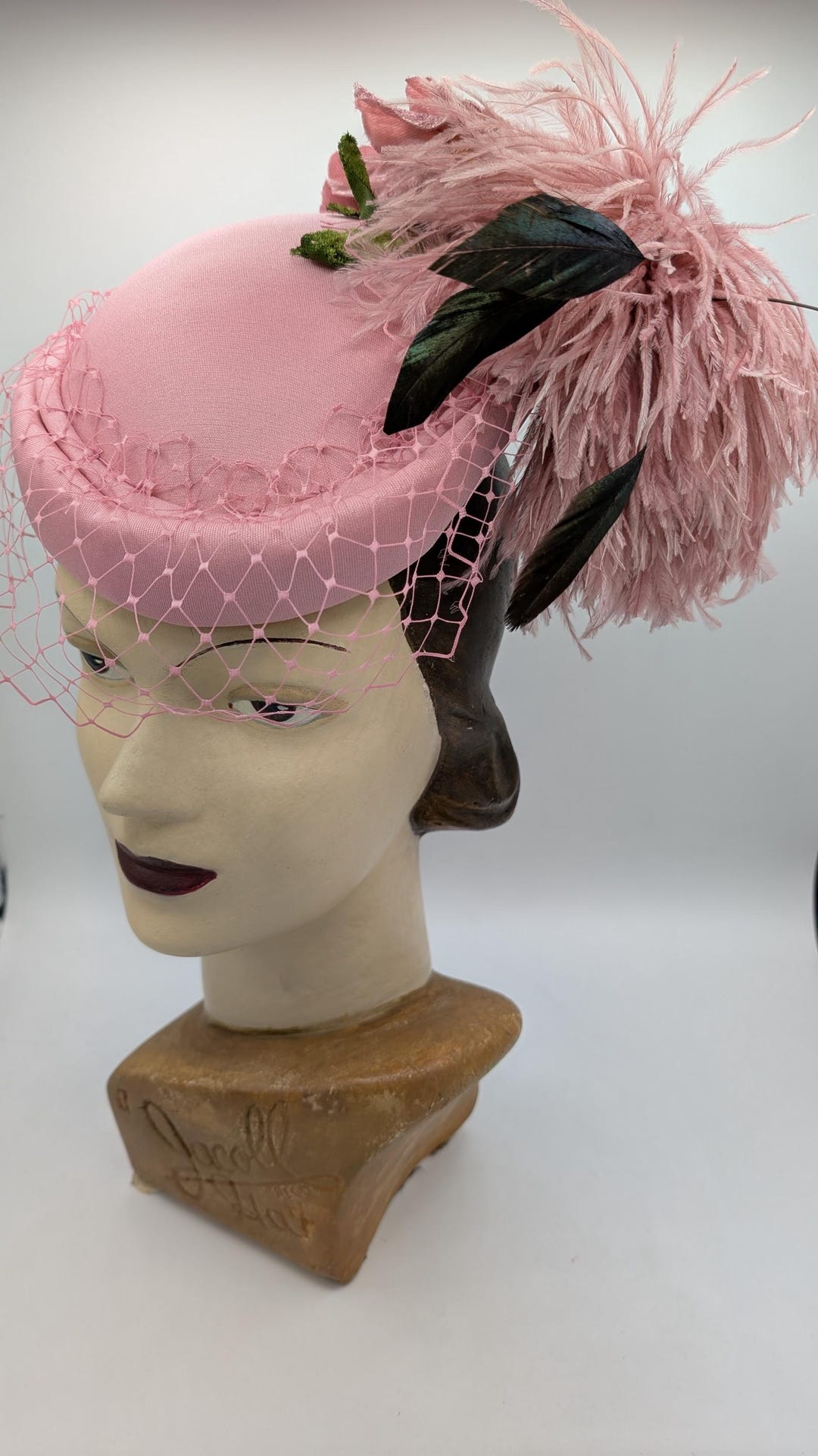 Muted Pink Vintage Percher Riding Hat Fascinator With Pink Feather ...