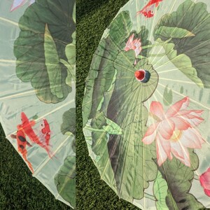 Water lily koi fish water scene printed parasol umbrella 1950s 1960s retro rockabilly pin-up