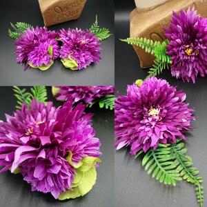 Crisantemo púrpura conjunto verde lima de clips de flores para el cabello / corsages 1950s tiki gótico hawaiano rockabilly retro
