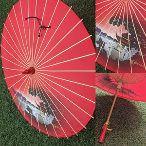 Pagoda scene hand painted on a red Chinese Japanese Thai parasol umbrella 1960s 1970s Asian Chinese retro rockabilly pin-up
