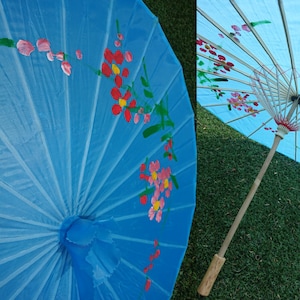 Turquoise baby blue hand painted parasol umbrella 1950s 1960s rockabilly pin-up