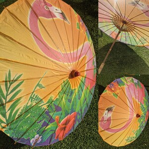 Tropical pink flamingo and palm leaves printed on white paper parasol umbrella 1950s 1960s retro rockabilly pin-up hot rod