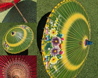 Summer green yellow brightly decorated sturdy waxed paper parasol umbrella mauve turquoise mustard yellow 1960s 1970s sun umbrella home deco