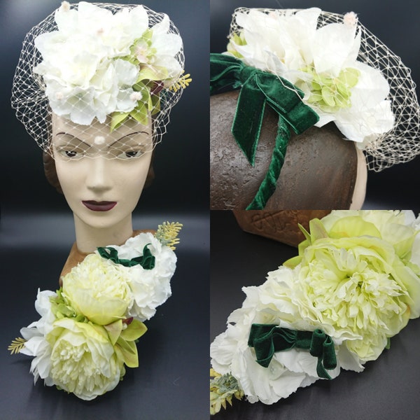 White green lime flowers percher veiled tilt o-ring hat and corsage 1940s WW2