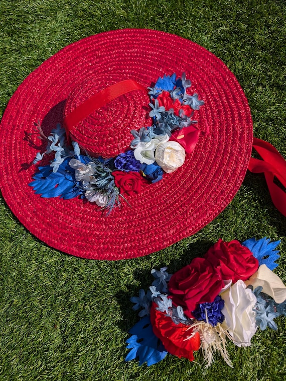 Red Straw Tilt Hat With Red Blue White Flowers and Matching 