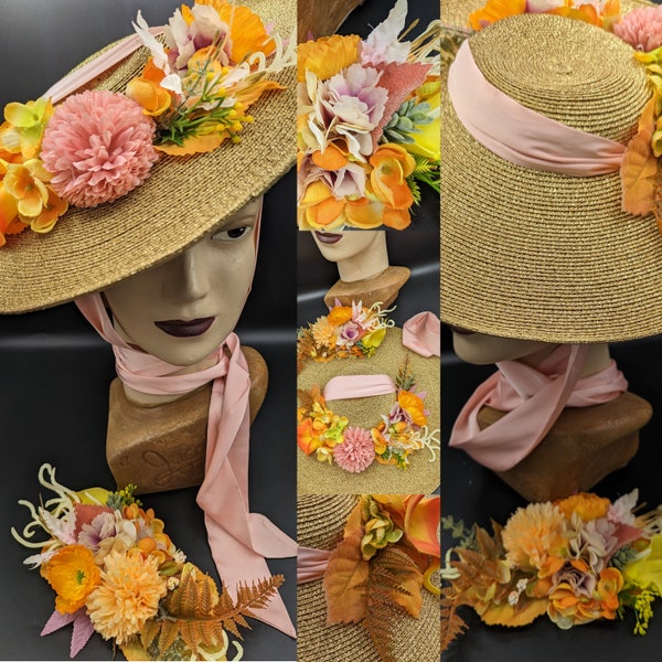 Metallic gold thread tilt hat with cream pink orange yellow flowers and matching corsage 1930s 1940s WW2