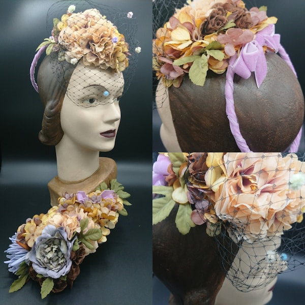 Classic muted flowers lilac purple percher veiled tilt o-ring hat and corsage 1940s WW2