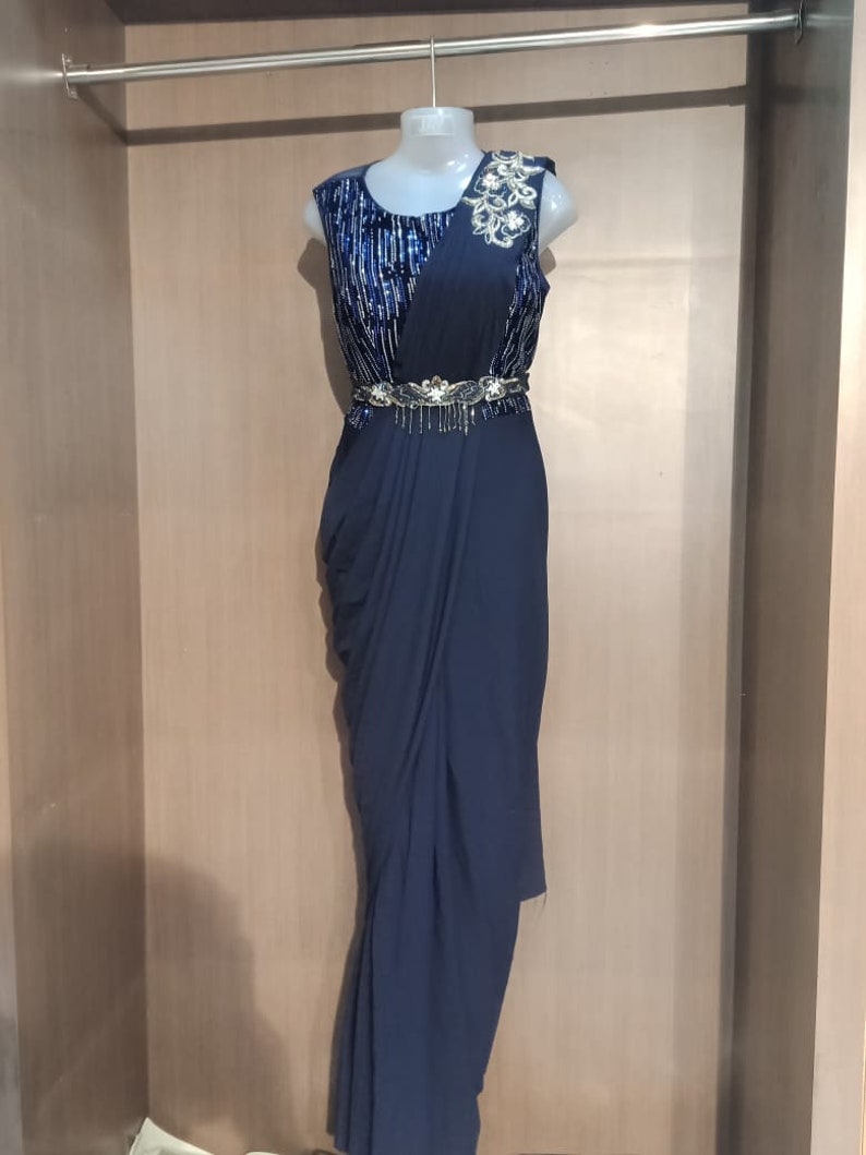 gift for her blue saree Drape saree drape saree Blue drape saree Ready to wear valentine gift for her ethinic wear
