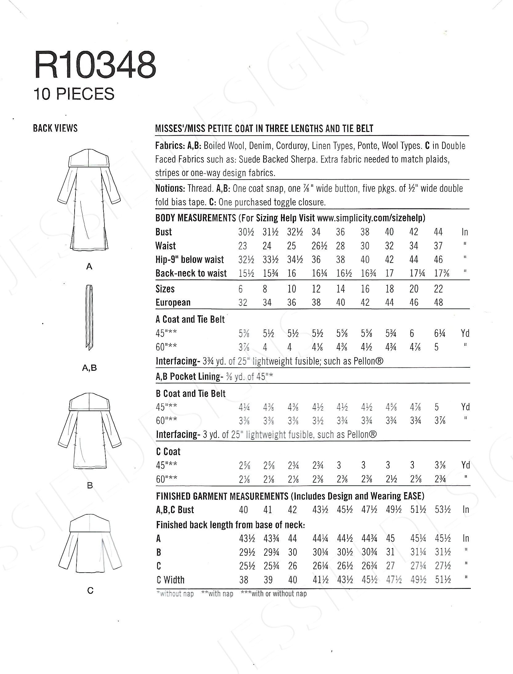Uncut Simplicity Sewing Pattern 10348 9015 Misses Coat