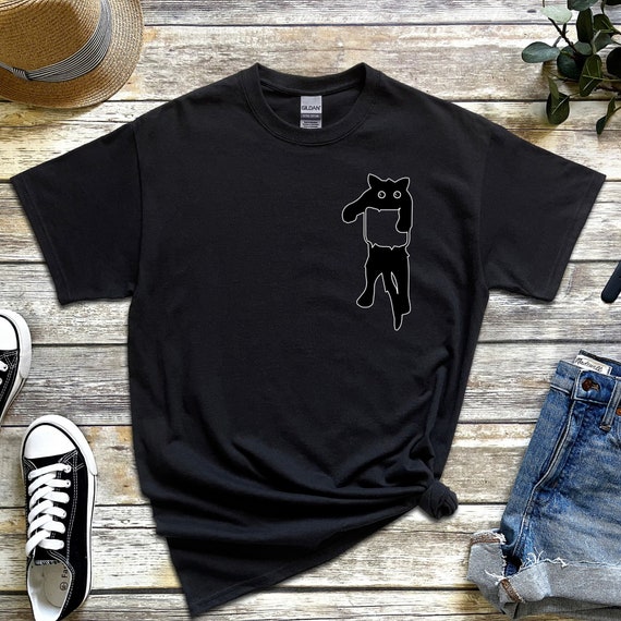 Cute Black Cat in Pocket T shirt Big Eyed Funny Cute Cat Hanging Out of Pocket Kawaii Neko Nyan Kitten Meme Japanese Streetwear Etsy UK