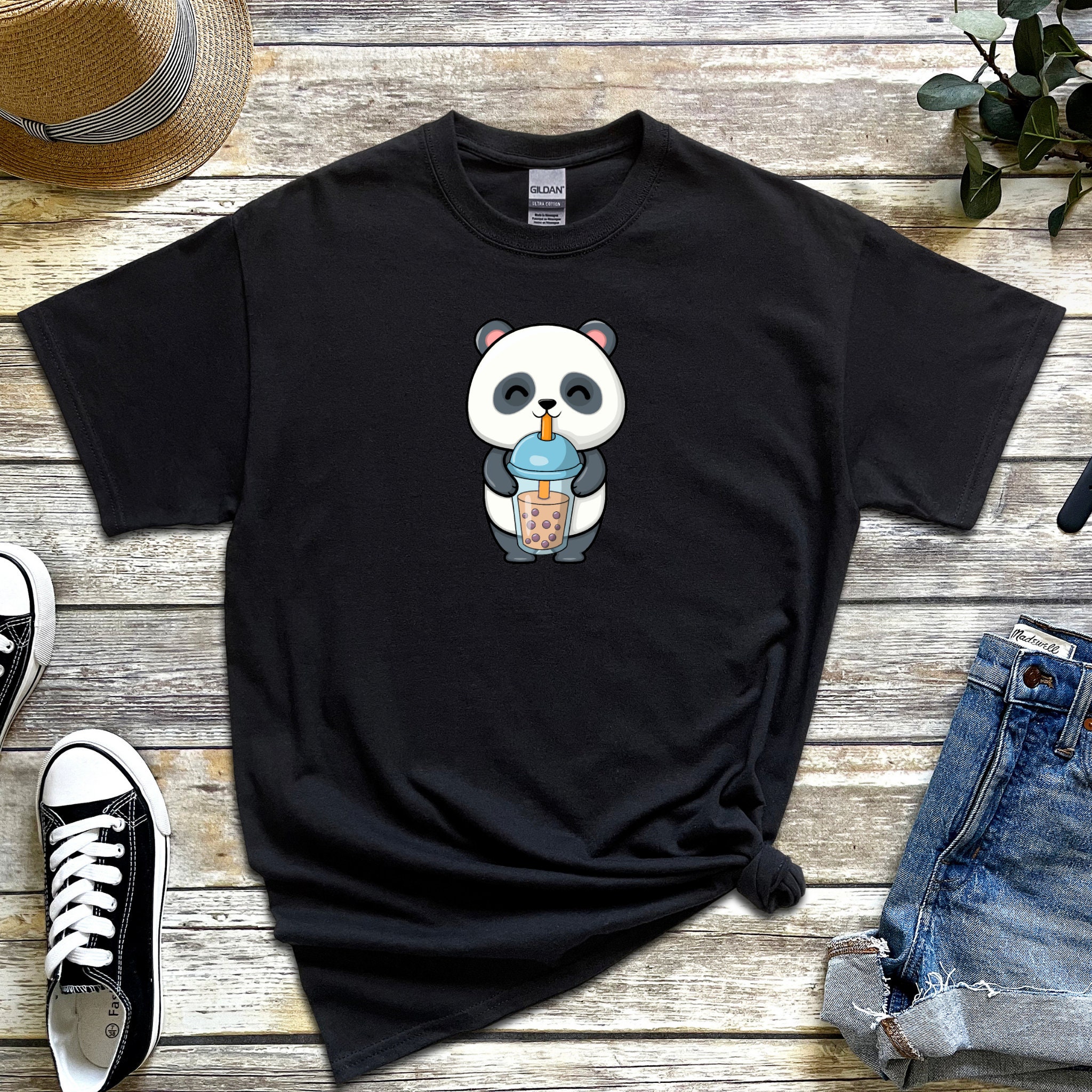 Panda Drinking Boba Tea T-shirt Funny Chinese Panda Japanese