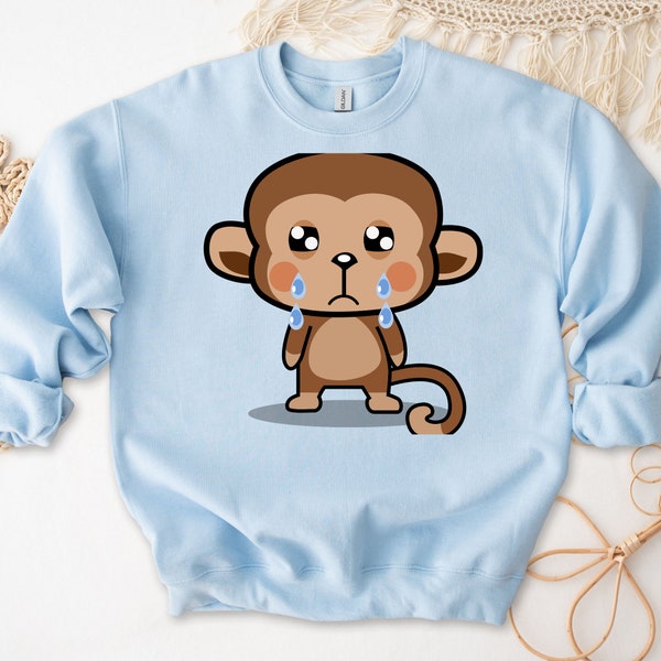 Sad Crying Monkey Sweatshirt | Japanese Streetwear Chibi Animal Cartoon Anime Sad Ape Swinging Primate with Tail Adorable Harajuku Fashion