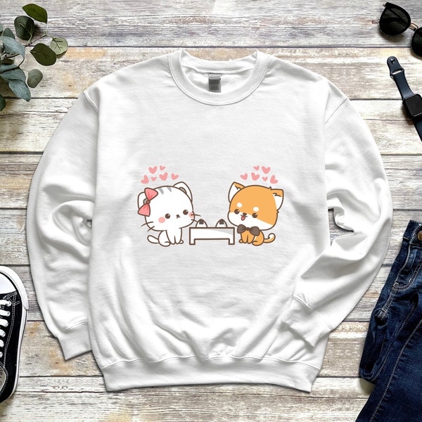 Cat and Dog Sushi Date Sweatshirt | Cute First Japanese Dinner Date Shirt Funny Meme Anime Animals Streetwear Kawaii Love Shiba Kitten