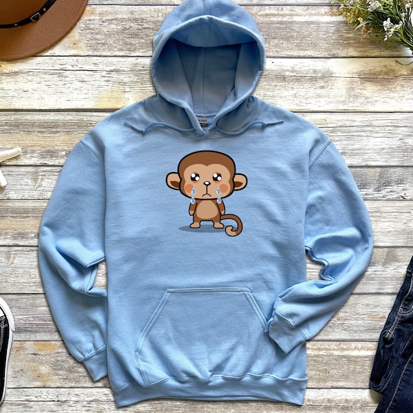 Sad Crying Monkey Hoodie | Japanese Streetwear Chibi Animal Cartoon Anime Sad Ape Swinging Primate with Tail Adorable Harajuku Fashion