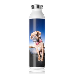 Puggle in front of San Francisco Bay Bridge at night Slim Water Bottle