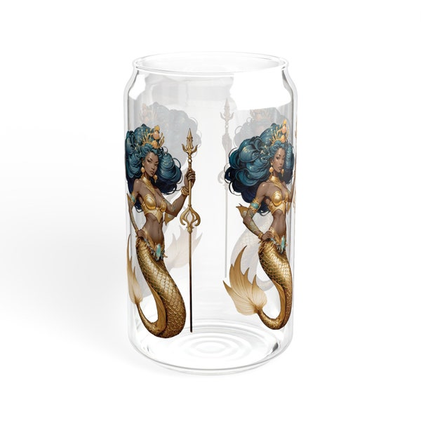 Royal Black Mermaid Wearing In Gold and Holding a Trident wearing crown and covered in opal Jems Sipper Glass, 16oz