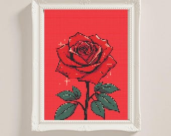 Rote Rose Kreuzstichmuster: Stickvorlage Rosenblüte (PDF Download)