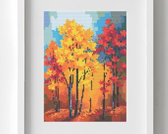 Modern Autumn cross stitch pattern. PDF Instant Download. Colorful Fall trees Embroidery PDF Digital Download. Beautiful autumn scenery art