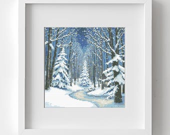 Winter landscape cross stitch pattern: Snowy forest trees. Winter night scenery Embroidery chart (PDF Download)