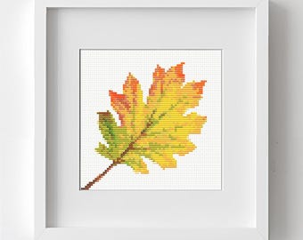 Autumn leaf cross stitch pattern PDF Download. Colorful oak leaf Embroidery Chart. Beautiful fall tree leaf x-stitch digital PDF pattern