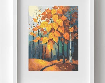 Modern Autumn cross stitch pattern. PDF Instant Download. Colorful Fall trees Embroidery PDF Digital Download. Beautiful autumn scenery art