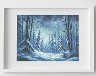 Winter landscape cross stitch pattern: Snowy forest trees. Winter night scenery Embroidery chart (PDF Download)
