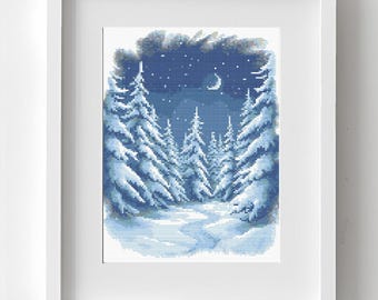 Winter forest cross stitch pattern: Snowy trees scenery. Winter landscape at night Embroidery (PDF Download)