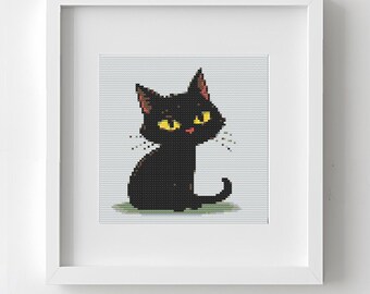 Black Cat Cross Stitch Pattern: Funny Cartoon Kitty Embroidery (PDF Download)