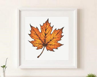 Autumn leaf cross stitch pattern PDF Download. Colorful maple leaf Embroidery Chart. Beautiful fall tree leaf x-stitch digital PDF pattern