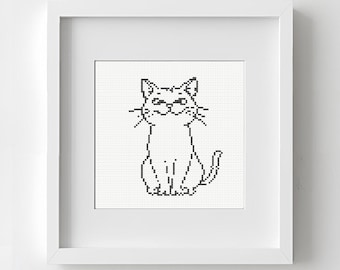 Funny cat one line cross stitch pattern, PDF Download. Kitten silhouette embroidery PDF Digital Download. Minimalist Black x-stitch Pattern