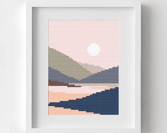 Mini Landscape Cross Stitch Pattern: Abstract Sunset Embroidery Chart (PDF Download)