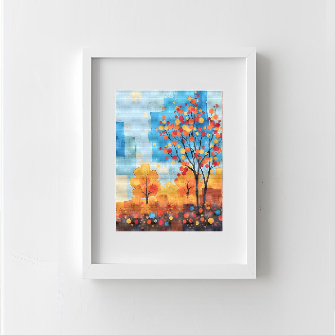 Abstract Autumn Cross Stitch Pattern: PDF Download. Colorful Fall Trees ...