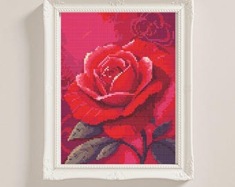 Rote Rose Kreuzstichmuster: Stickvorlage Rosenblüte (PDF Download)