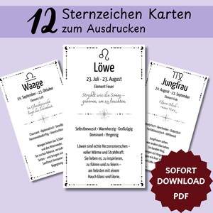 Op de afbeelding: Een set van 12 afdrukbare dierenriemkaarten in het Duits. Elke kaart toont een ander sterrenbeeld met bijbehorende data, elementen en kenmerken. De kaarten zijn wit met zwarte tekst en decoratieve elementen.