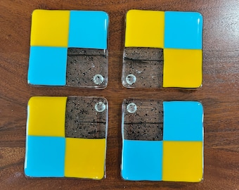 Blue @ yellow Fused Glass Coasters  - Barware - Home Decor