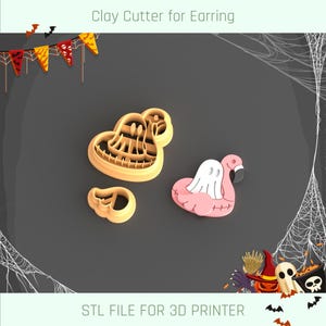 May include: Clay earring cutters with a Halloween theme. The cutters include a ghost in a flamingo float, a ghost, and a jack-o'-lantern. The text "Clay Cutter for Earring" and "STL FILE FOR 3D PRINTER" are visible.