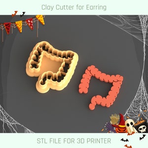 May include: Two 3D printed clay cutters for earrings, one in orange and one in beige, shaped like a pair of intestines. The cutters are on a gray background with a spiderweb pattern. The text "STL FILE FOR 3D PRINTER" is at the bottom of the image.