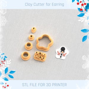 May include: A collection of tan clay cutters for earrings, including various shapes like circles, a flower, and a rectangle with cutouts. A small snowman-shaped earring is also present. The text "Clay Cutter for Earring" and "STL FILE FOR 3D PRINTER" are visible.