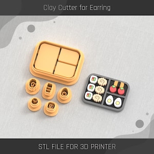 May include: A set of 3D printed clay cutters for making sushi earrings. The set includes a large rectangle cutter, four smaller cutters for individual sushi pieces, and a cutter for a small plate. The cutters are orange and the plate is gray. STL FILE FOR 3D PRINTER.