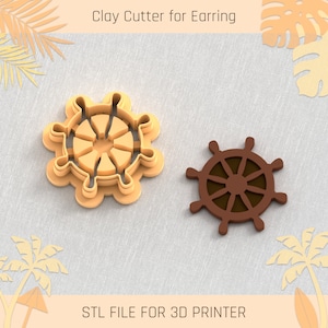 May include: A 3D printed clay cutter in the shape of a ship's wheel. The cutter is beige and the wheel is brown. The text "STL FILE FOR 3D PRINTER" is at the bottom of the image.