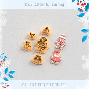 May include: Clay cutters for earrings in various shapes, including a gingerbread man, bow, and skirt. The cutters are light brown and designed for use with clay. The image also includes two finished gingerbread man earrings with red and white accents. Text on the image reads "Clay Cutter for Earring" and "STL File for 3D Printer."