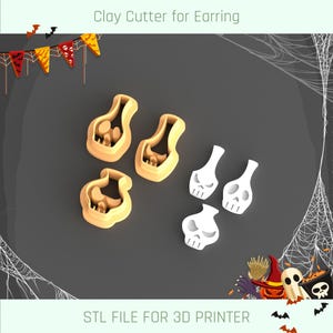 Puede incluir: Un conjunto de cortadores de arcilla impresos en 3D para pendientes. Los cortadores tienen forma de calavera y están diseñados para usar con arcilla polimérica. Los cortadores se muestran sobre un fondo gris oscuro con un patrón de telaraña. El texto "STL FILE FOR 3D PRINTER" también es visible en la imagen.