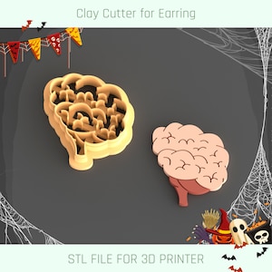 May include: A 3D printed clay cutter for earrings shaped like a brain. The cutter is a light brown color and is shown on a dark gray background. The text "STL FILE FOR 3D PRINTER" is at the bottom of the image.