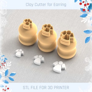 Könnte beinhalten: Drei 3D-gedruckte Ton-Ausstecher in Form von Engeln, mit einer kleineren Engelsform an der Seite jedes Ausstechers. Die Ausstecher sind beige und die kleineren Engel sind weiß. Der Text "STL FILE FOR 3D PRINTER" befindet sich am unteren Rand des Bildes.