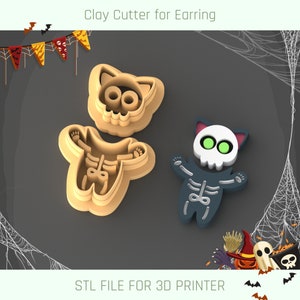 May include: Two 3D printed cookie cutters shaped like a skeleton cat. The cutters are beige and blue. The top cutter has a skull with green eyes. The bottom cutter has a skeleton with a rib cage and bones. The text "STL FILE FOR 3D PRINTER" is at the bottom of the image.