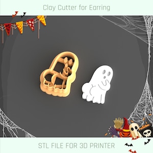 May include: A light orange clay cutter for earrings in the shape of a ghost and a ghost-shaped earring. The text "Clay Cutter for Earring" and "STL FILE FOR 3D PRINTER" are visible. Halloween-themed decorations are in the background.