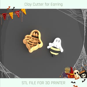 May include: Two clay cutters for earrings, one shaped like a ghost and the other like a ghost. The ghost cutter is yellow, and the bee-shaped cutter has a white ghost costume over a black and yellow body. Text reads "Clay Cutter for Earring" and "STL FILE FOR 3D PRINTER."