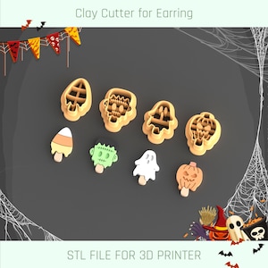 May include: A selection of clay cutters for earrings in Halloween designs, such as a candy corn, Frankenstein's monster, and a pumpkin. The text "Clay Cutter for Earring" and "STL FILE FOR 3D PRINTER" are visible.